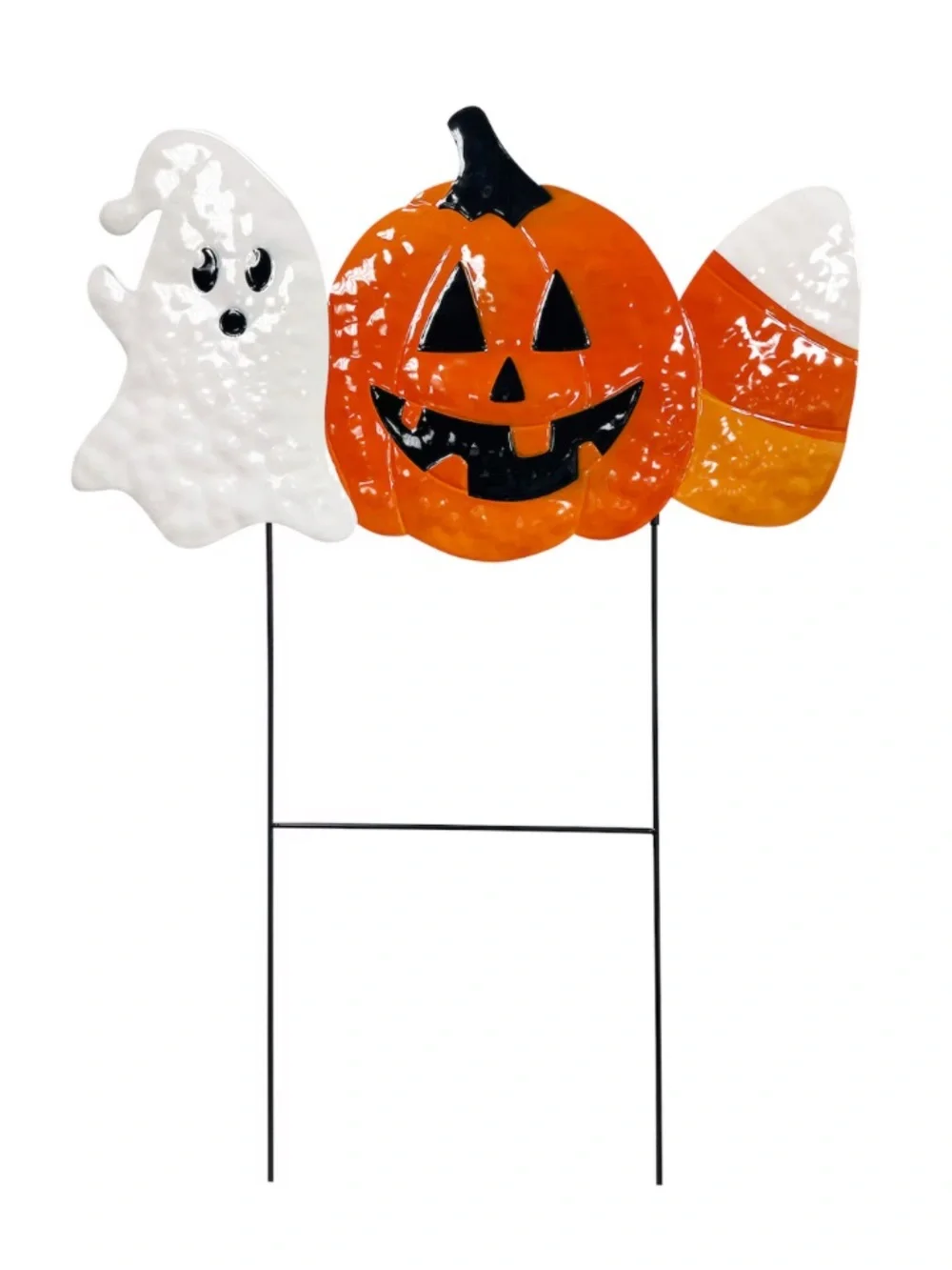 NWT-Metal Halloween Yard Stake Sign w/ Ghost, Jack-o-lantern & Candy Corn 26x20